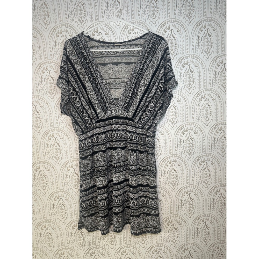 Vintage Vanity‎ USA Boho Deep V Empire Waist Tunic Top Black White Print XL